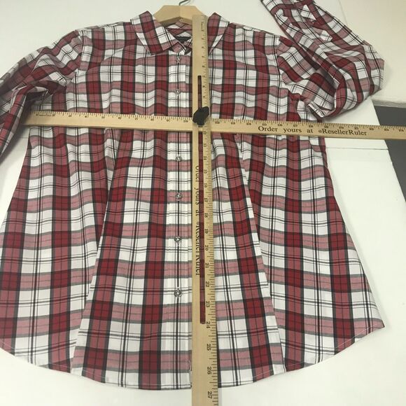 Talbots Top Womens 6 Red White Tartan Plaid Button Up Long Sleeve Cotton Stretch - Picture 9 of 12